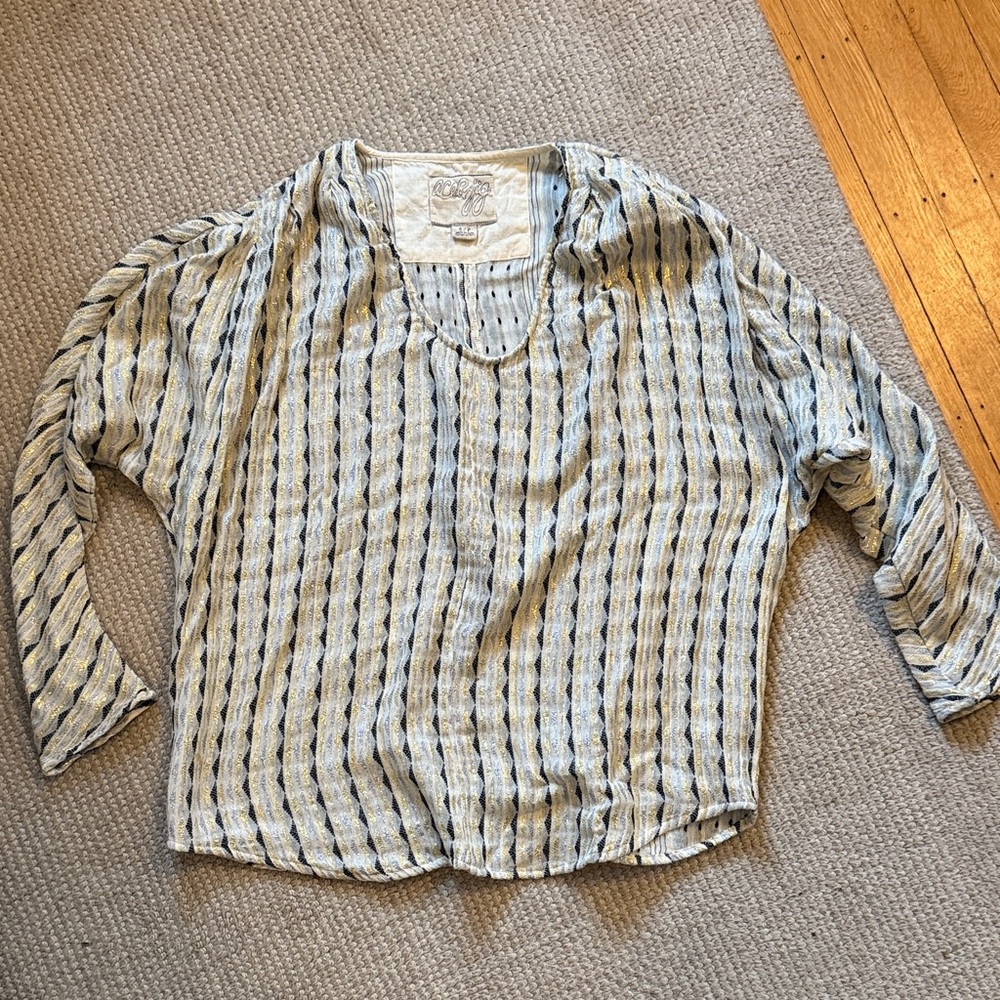 Ace & Jig Black and Metallic Gold/Silver and White Striped 3/4 Sleeve Blouse